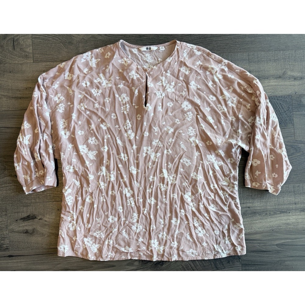 Uniqlo Rayon Floral Blouse Pink Cottagecore Balletcore Soft Girl Top M Summer